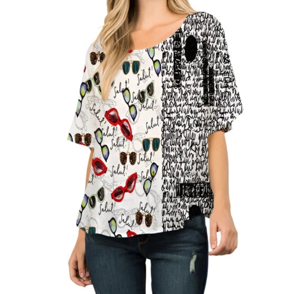 Et’Lois Salut Sunglasses Mixed Print Top M Artistic Paris Graphic Shirt Et Lois